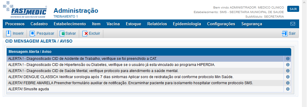 Imagem demonstrativa do Cadastro de CID Mensagem Alerta / Aviso
